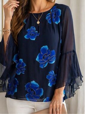 Elie Tahari Black Blouse with Blue Floral Print size XS